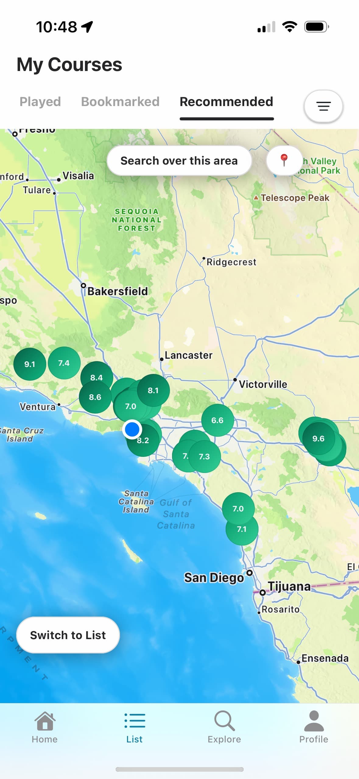 Golfr mobile app interface showing golf course discovery and rating features